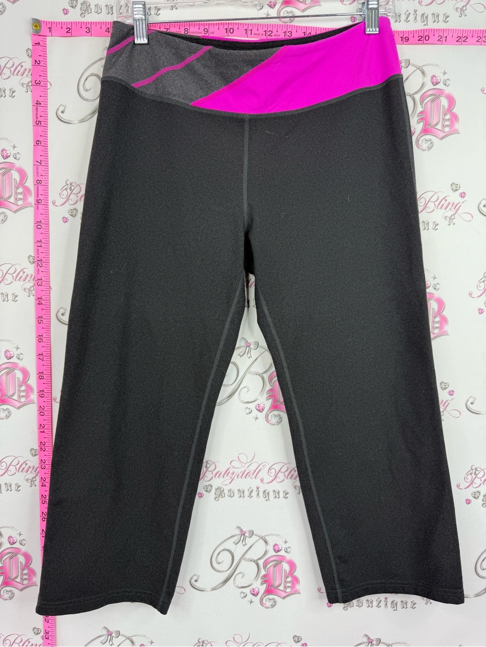 Tuff Athletics capri pants grey Black Capris with Magenta & Gray Waistband